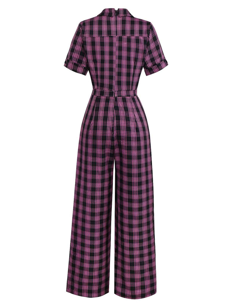 [Vorverkauf] Schwarz & Rosa 1940er Revers Plaids Jumpsuit