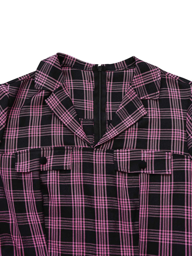 [Vorverkauf] Schwarz & Rosa 1940er Revers Plaids Jumpsuit
