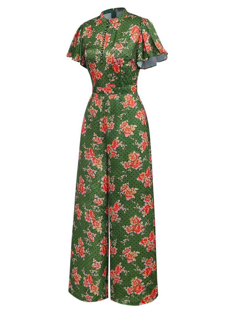 [Vorverkauf] Grün 1940er Rose Rüschen Tupfen Tasten Jumpsuit