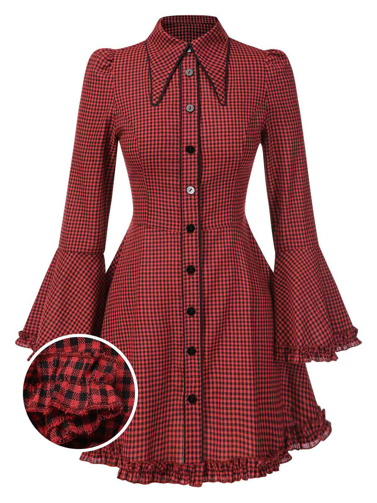 [Vorverkauf] Rot 1960er Gothic Plaid Ausgestellte Ärmel Schnürung Kleid