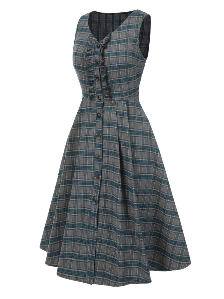 [Vorverkauf] Grau 1950er Plaid V-Ausschnitt Ärmellos Rüschen Kleid