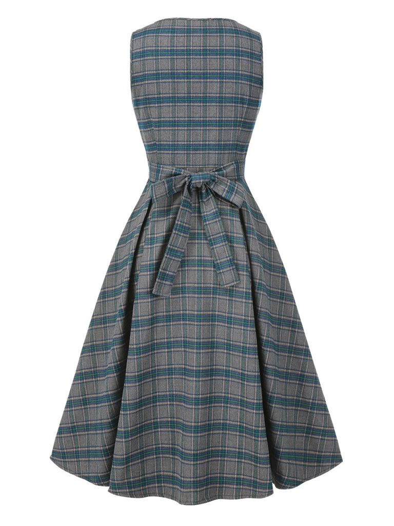 [Vorverkauf] Grau 1950er Plaid V-Ausschnitt Ärmellos Rüschen Kleid