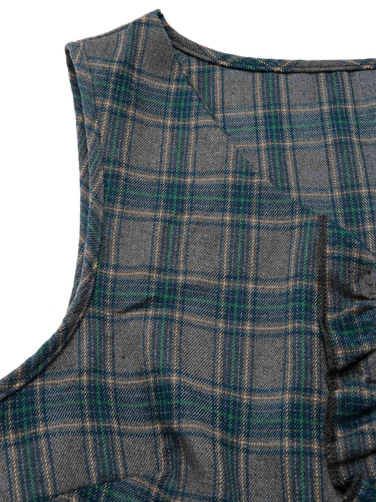 [Vorverkauf] Grau 1950er Plaid V-Ausschnitt Ärmellos Rüschen Kleid