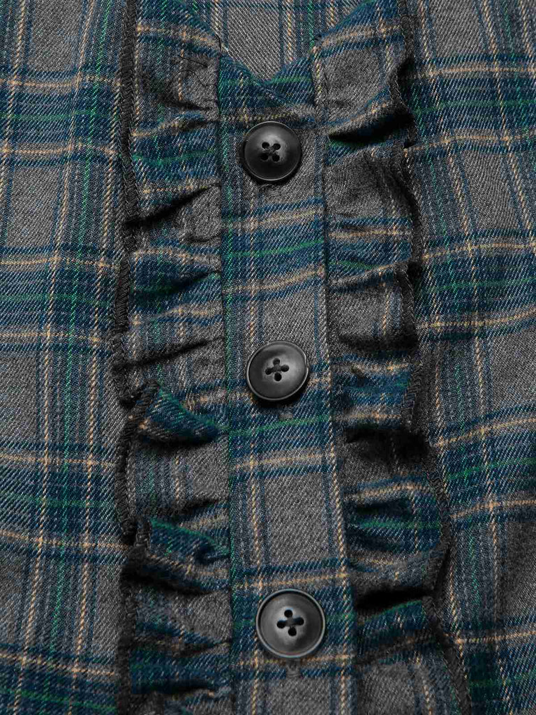 [Vorverkauf] Grau 1950er Plaid V-Ausschnitt Ärmellos Rüschen Kleid