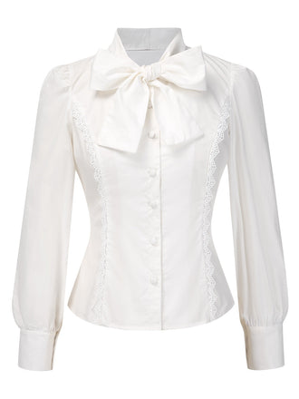 Weiß 1950er Solide Baumwolle Krawattenhals Bogen Bluse