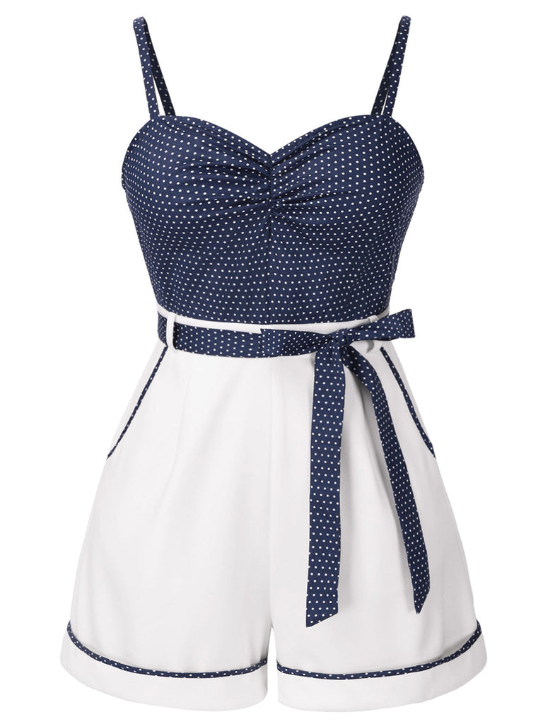 [Übergröße] Blau 1940er Polka Dot Patchwork Träger Romper