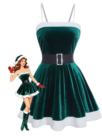 1970er Weihnachten Samt Plüsch Spaghetti Träger Mini Kleid