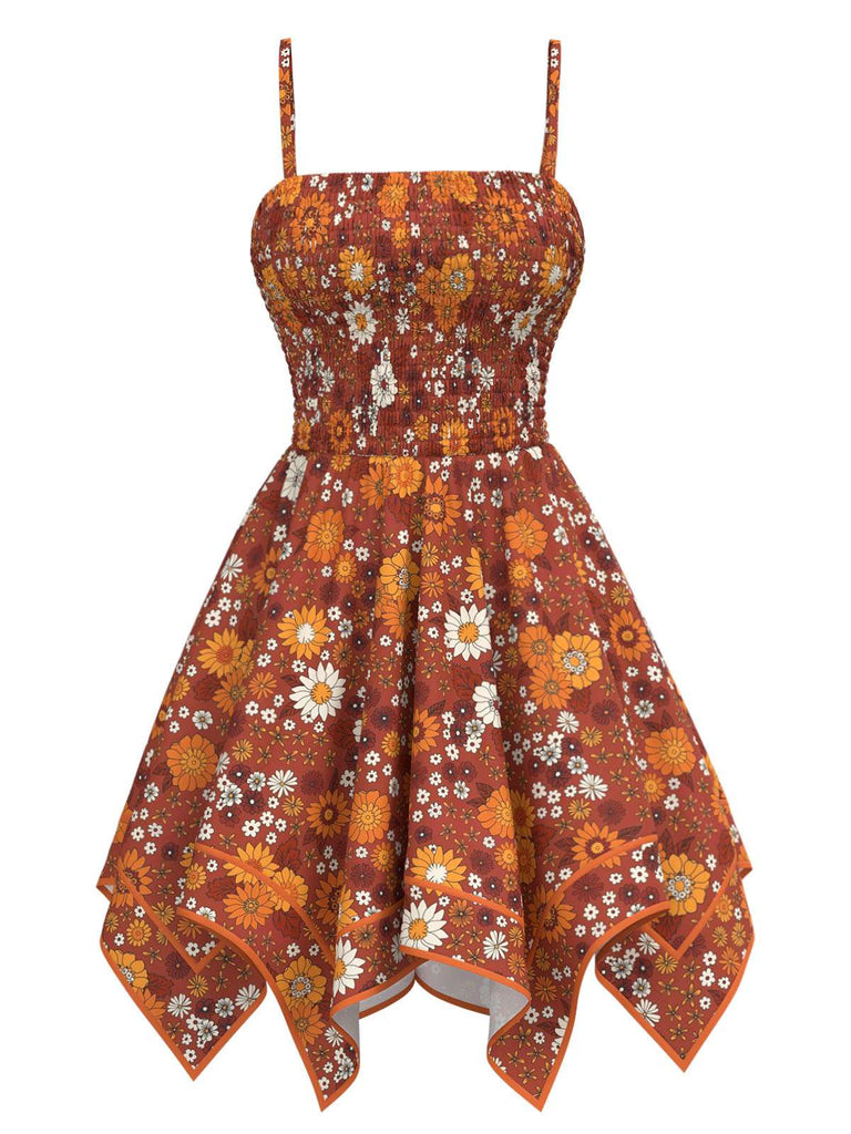 [Vorverkauf] Orange 1970er Hippie Blumen Unregelmäßiger Saum Träger Kleid
