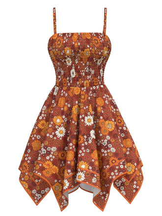 Orange 1970er Hippie Blumen Unregelmäßiger Saum Träger Kleid