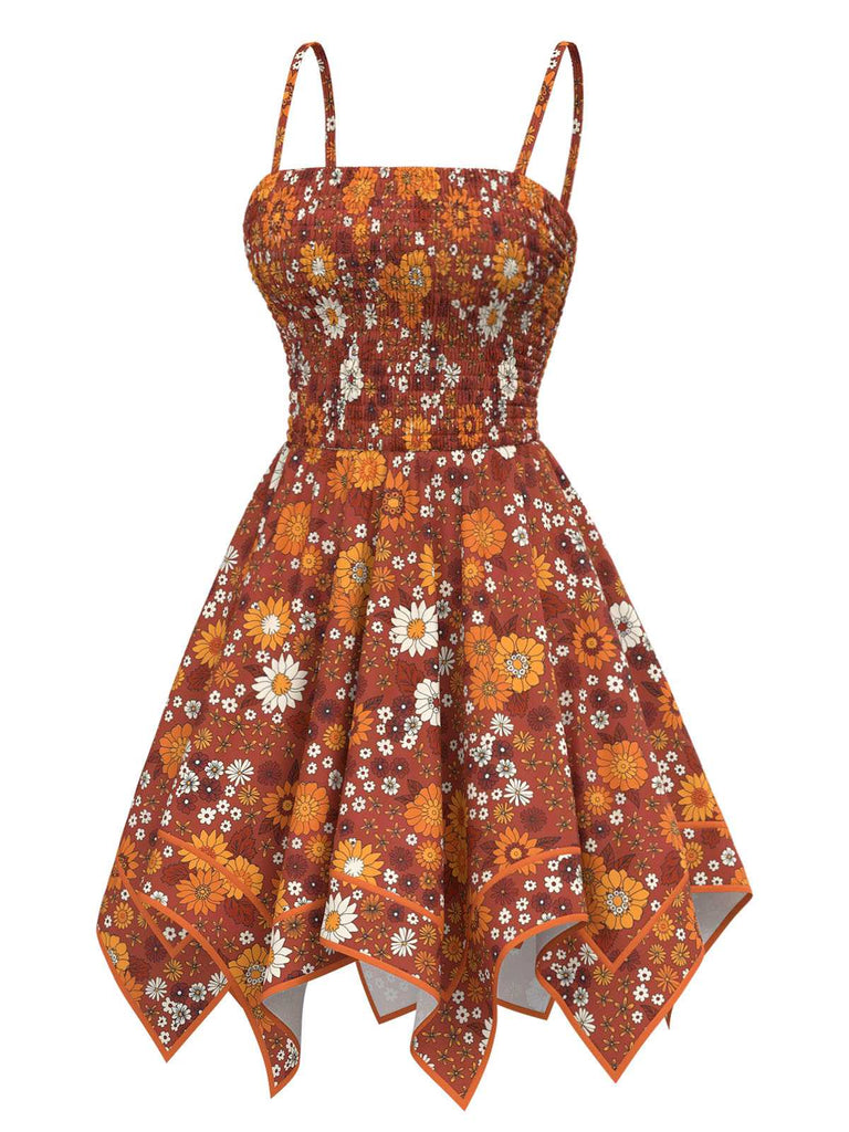 [Vorverkauf] Orange 1970er Hippie Blumen Unregelmäßiger Saum Träger Kleid