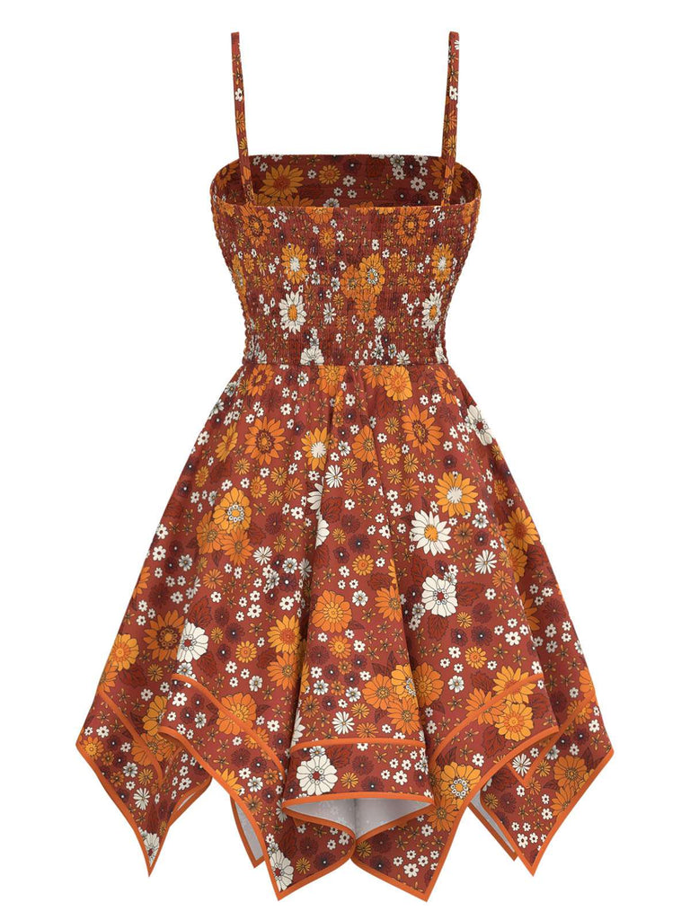 [Vorverkauf] Orange 1970er Hippie Blumen Unregelmäßiger Saum Träger Kleid