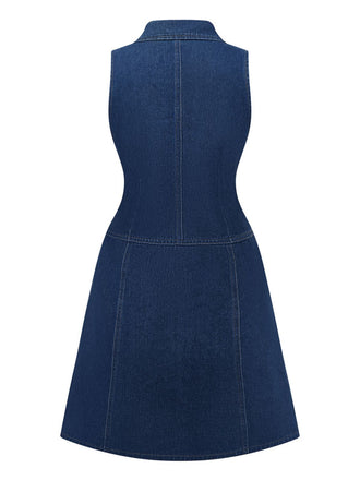 Tiefblau 1970er Denim Revers Ärmellos Taste Kleid