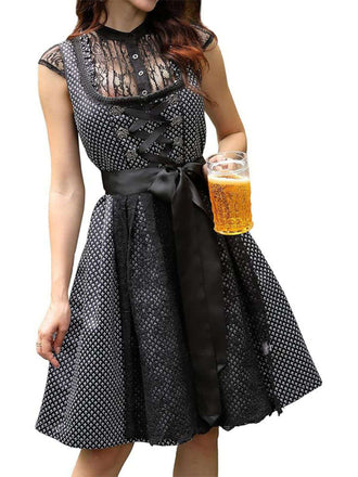 2PCS Schwarz 1950er Oktoberfest Dirndl Blumen Schnürung Kleid & Schürze