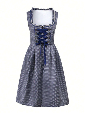 2PCS Dunkelblau 1950er Oktoberfest Dirndl Blumen Schnürung Kleid & Schürze