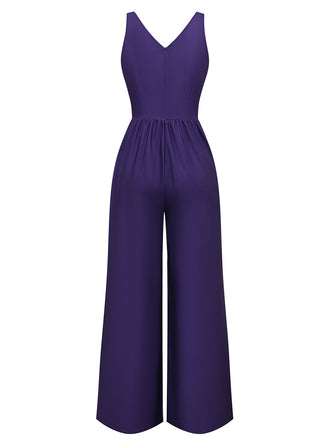 Dunkellila 1970er V-Ausschnitt Blumen Boho Jumpsuit