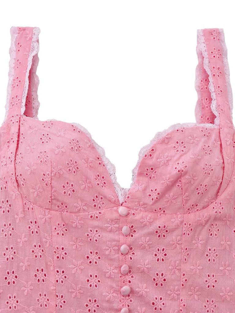 Rosa 1950er Spitze Blumen Besticktes Taille Kleid