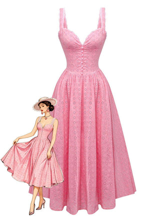 Rosa 1950er Spitze Blumen Besticktes Taille Kleid