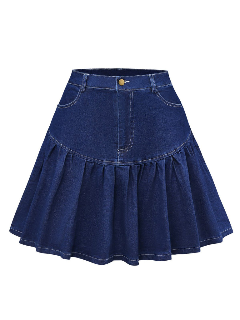 Dunkelblau 1960er Rüschen Denim Rock