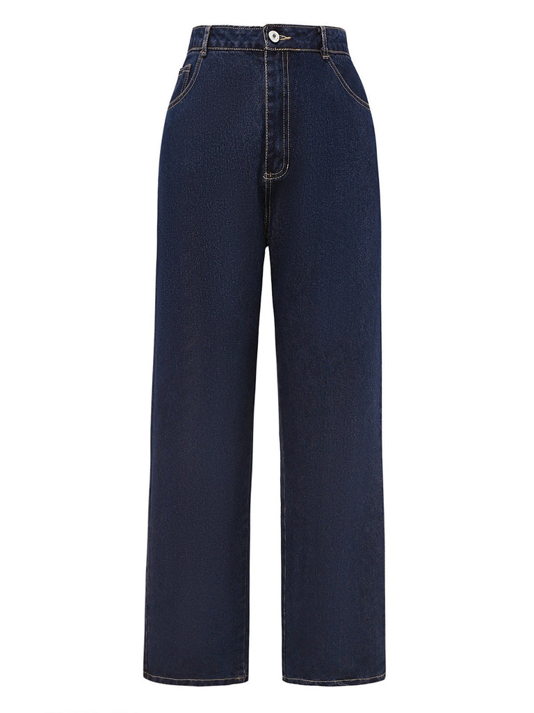 Tiefblau 1950er Jeansstoff Gerade Bein Hose