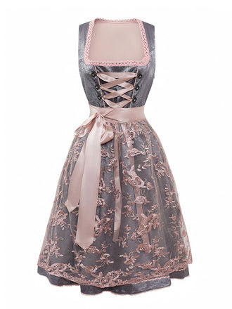 2PCS Rosa 1950er Oktoberfest Dirndl Blumen Jacquard Kleid & Schürze