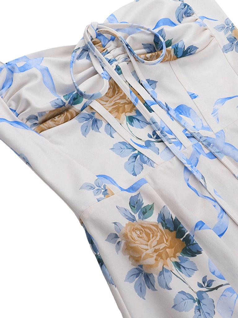 Multicolor 1940er Blumen Träger Ärmellos Kleid