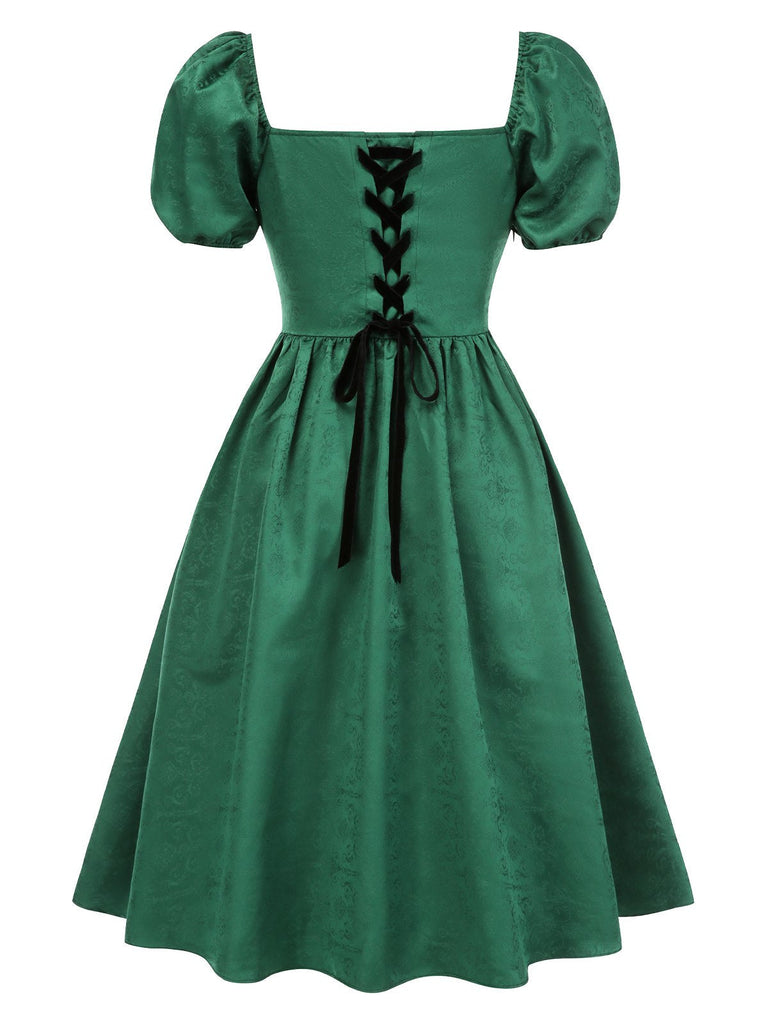 [Vorverkauf] Grün 1950er Jacquard Quadratischer Hals Puffärmel Kleid