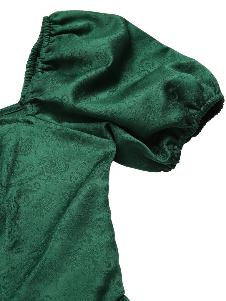 [Vorverkauf] Grün 1950er Jacquard Quadratischer Hals Puffärmel Kleid