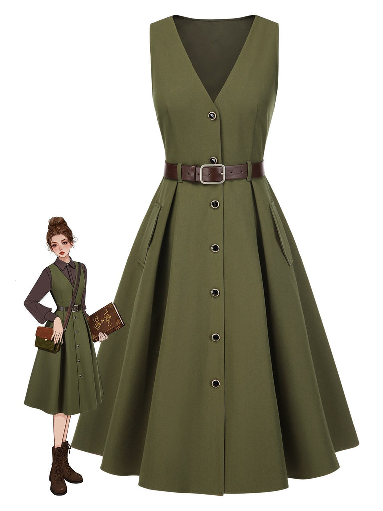 [Vorverkauf] Grün 1950er V-Ausschnitt Taschen Gürtel Weste Kleid
