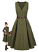 [Vorverkauf] Grün 1950er V-Ausschnitt Taschen Gürtel Weste Kleid