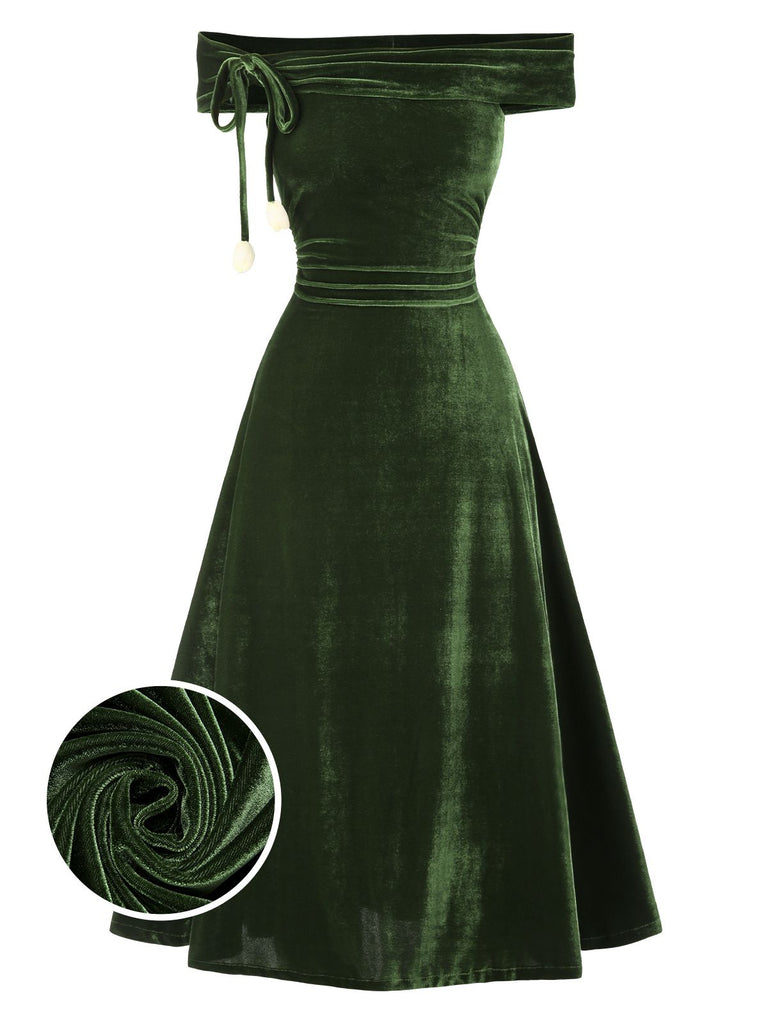 [Vorverkauf] Grün 1940er Samt Gerüscht Schulterfrei Bardot Kleid
