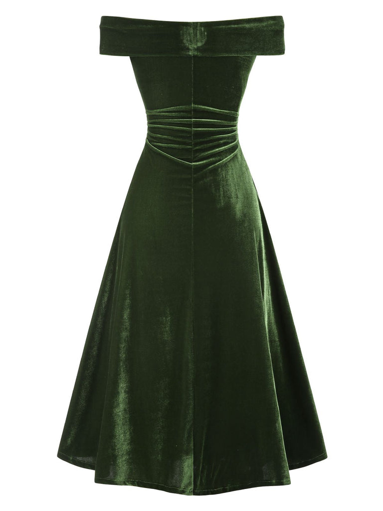 [Vorverkauf] Grün 1940er Samt Gerüscht Schulterfrei Bardot Kleid