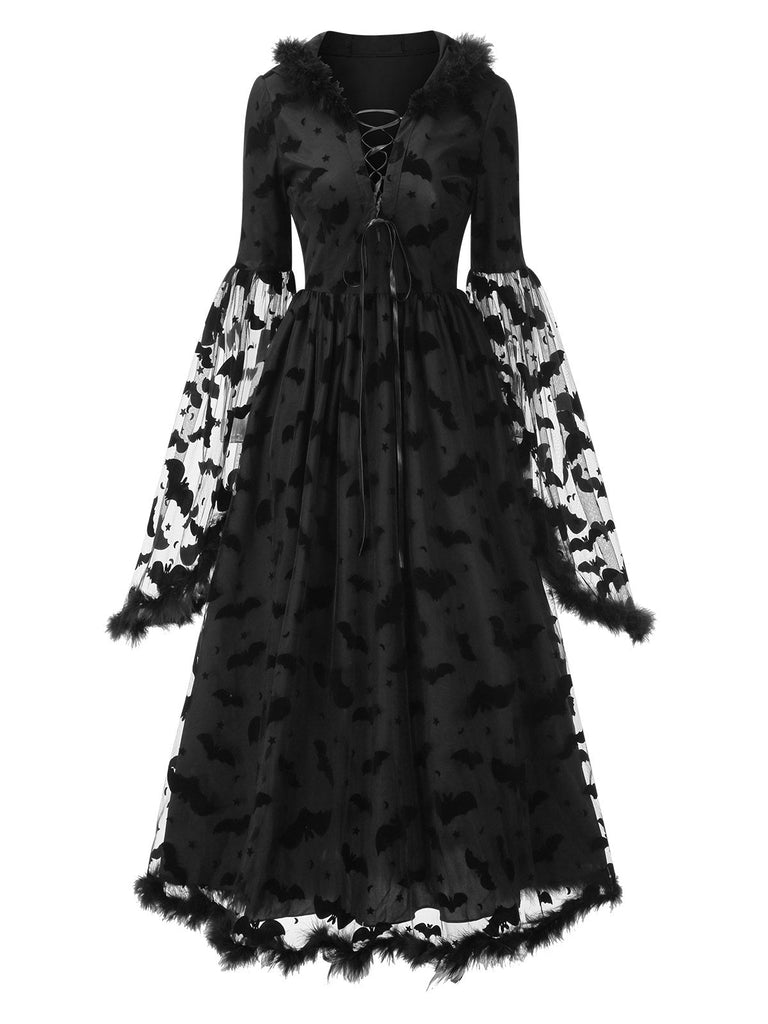 [Vorverkauf] Schwarz 1940er Schläger Netz Roh Saum Hexe Cape Kleid
