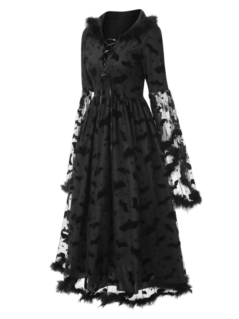 [Vorverkauf] Schwarz 1940er Schläger Netz Roh Saum Hexe Cape Kleid