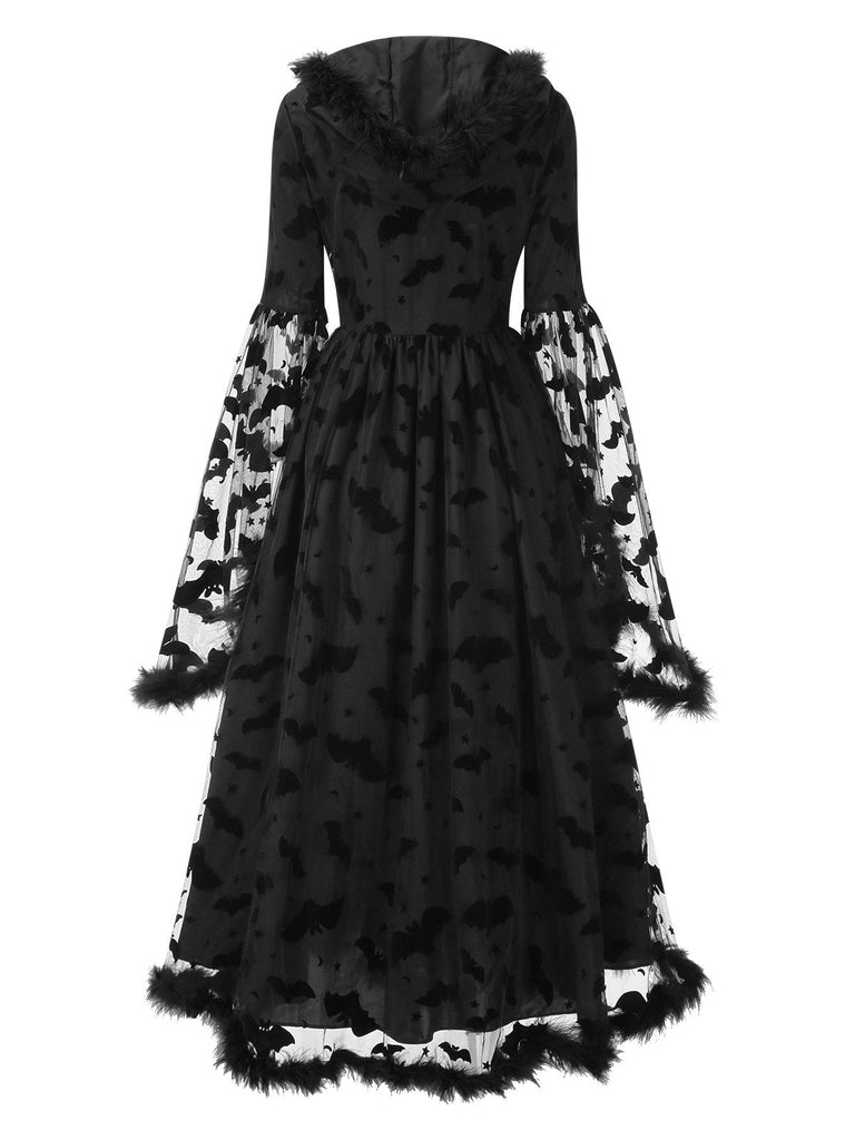 [Vorverkauf] Schwarz 1940er Schläger Netz Roh Saum Hexe Cape Kleid
