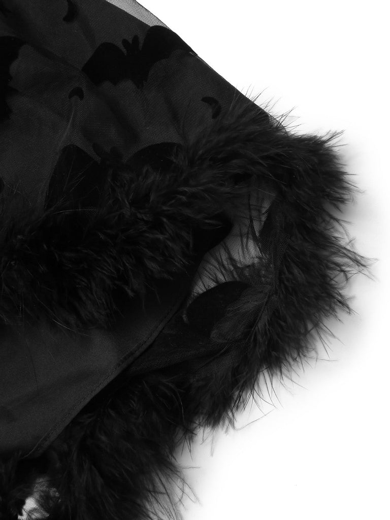 [Vorverkauf] Schwarz 1940er Schläger Netz Roh Saum Hexe Cape Kleid