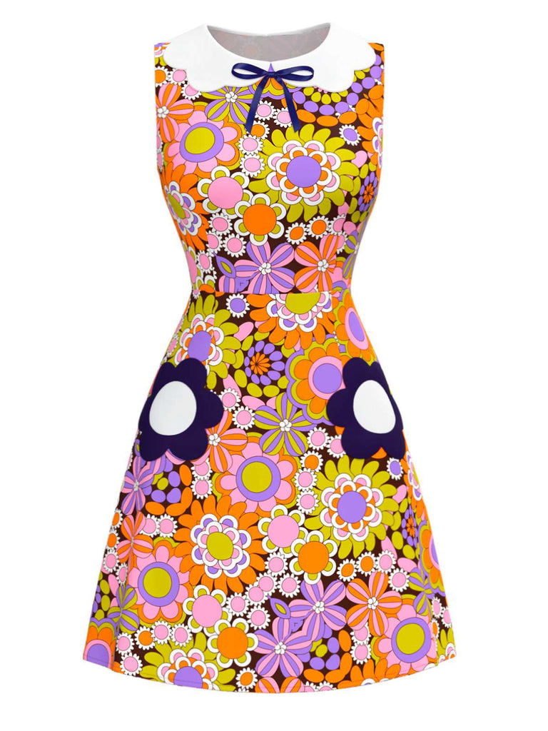 [Vorverkauf] Orange 1960er Peter Pan Kragen Blumen Bogen Kleid