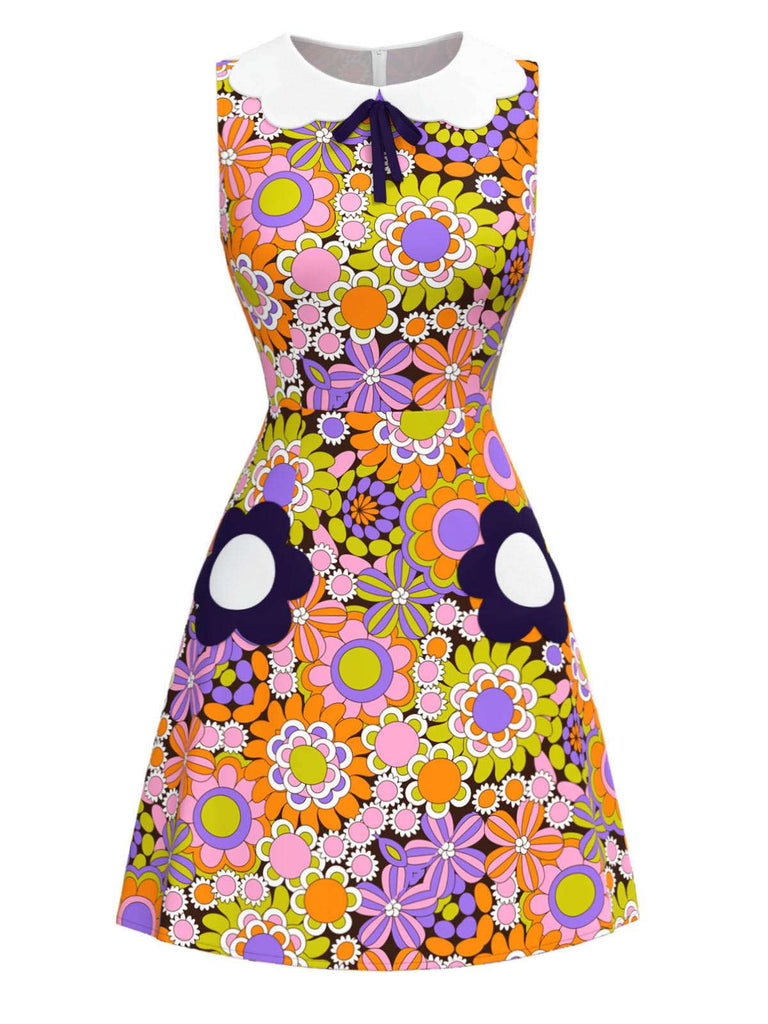 [Vorverkauf] Orange 1960er Peter Pan Kragen Blumen Bogen Kleid