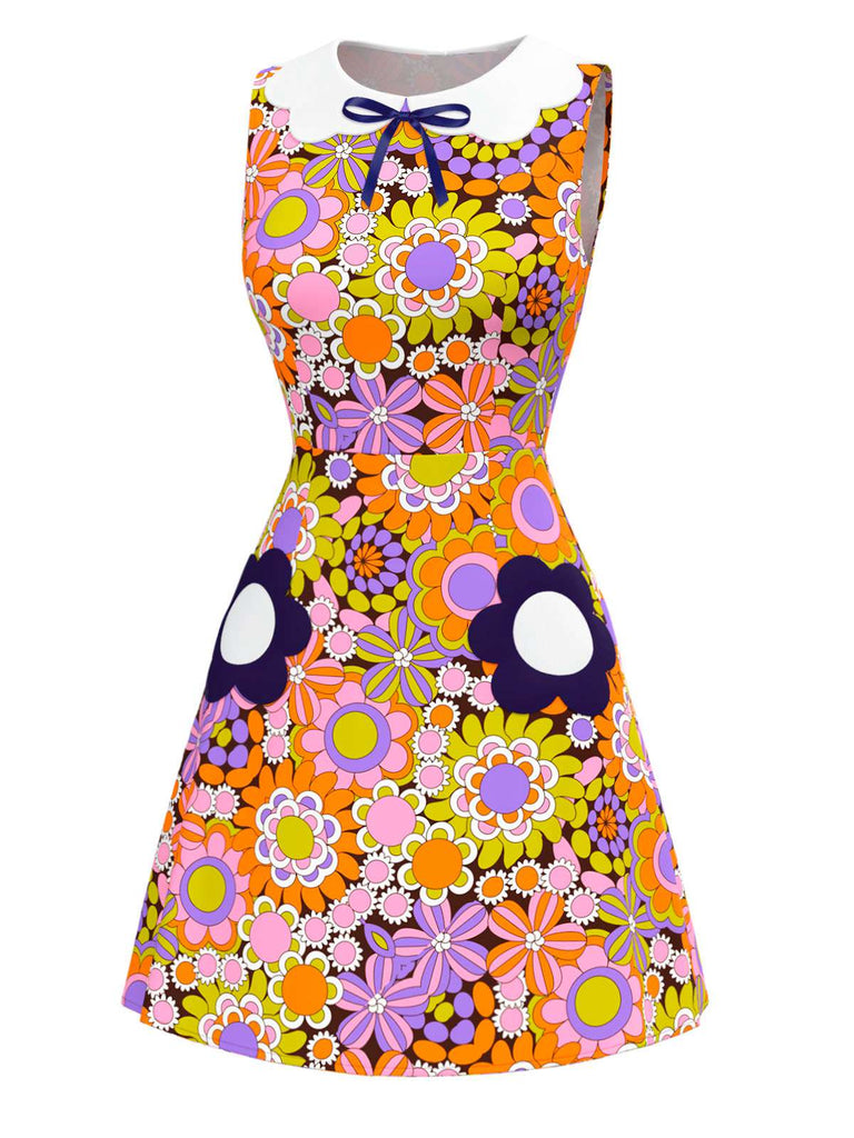 [Vorverkauf] Orange 1960er Peter Pan Kragen Blumen Bogen Kleid
