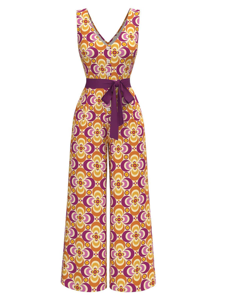 [Vorverkauf] Orange 1960er V-Ausschnitt Gürtel Blumen Jumpsuit