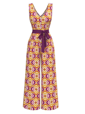 Orange 1960er V-Ausschnitt Gürtel Blumen Jumpsuit