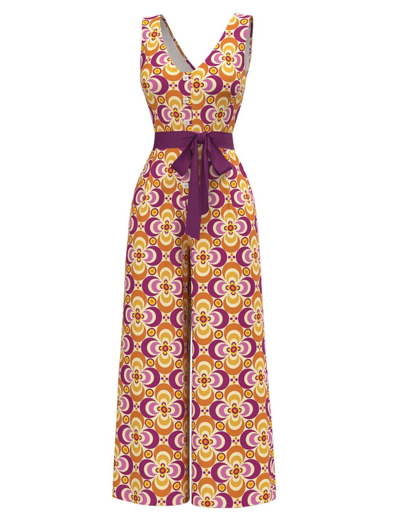[Vorverkauf] Orange 1960er V-Ausschnitt Gürtel Blumen Jumpsuit