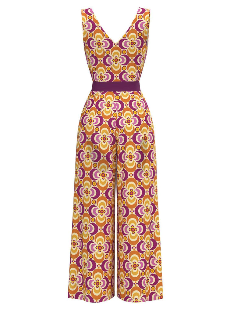 [Vorverkauf] Orange 1960er V-Ausschnitt Gürtel Blumen Jumpsuit