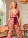 [Vorverkauf] Orange 1960er V-Ausschnitt Gürtel Blumen Jumpsuit