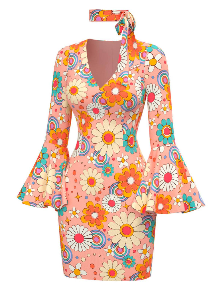 [Vorverkauf] Multicolor 1960er Gänseblümchen Glockenärmel Hippie Kleid