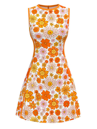 [Vorverkauf] Orange 1960er Rundhals Gänseblümchen Ärmellos Kleid