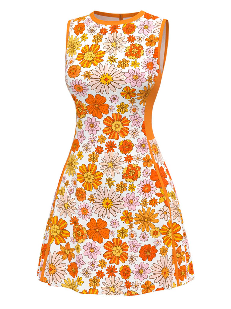 Orange 1960er Rundhals Gänseblümchen Ärmellos Kleid