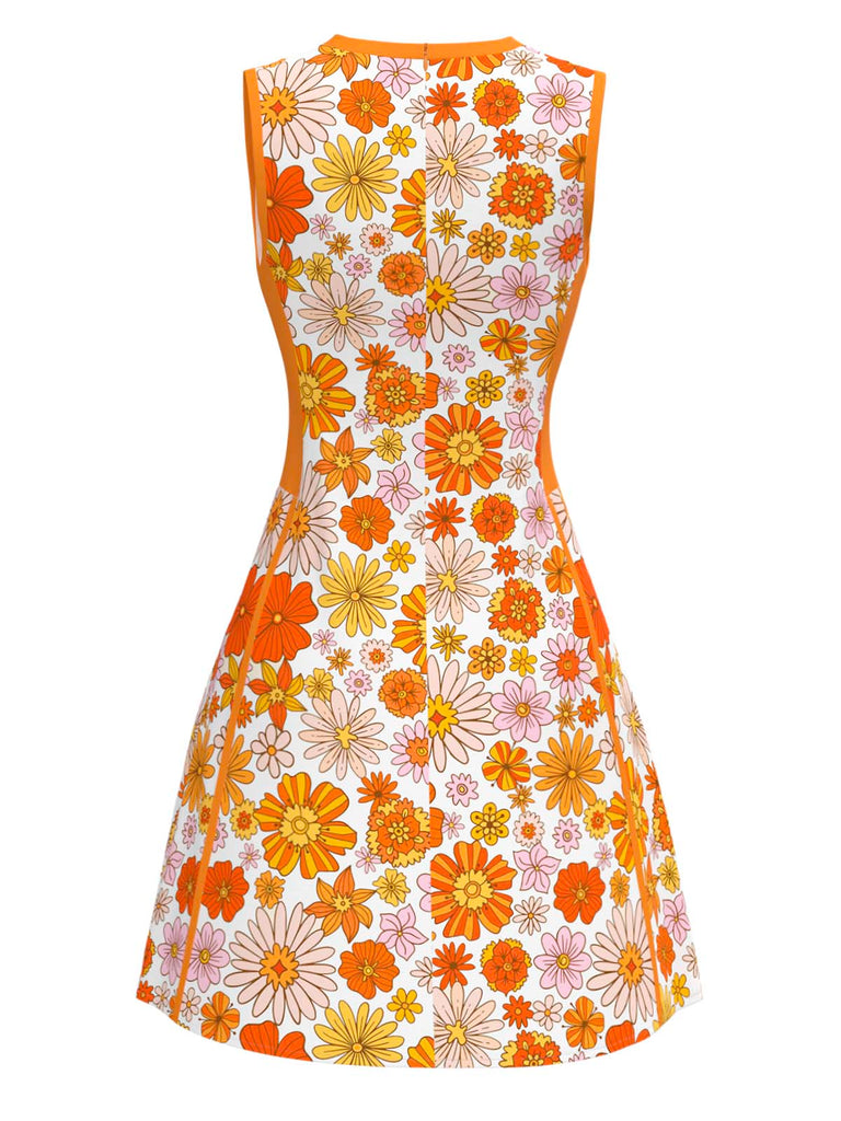 Orange 1960er Rundhals Gänseblümchen Ärmellos Kleid