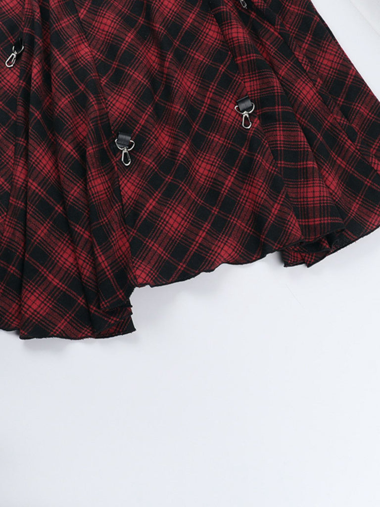 2PCS Rot 1980er Plaid Gesmokt Top & Hoch-Tief Saum Rock