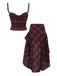 2PCS Rot 1980er Plaid Gesmokt Top & Hoch-Tief Saum Rock