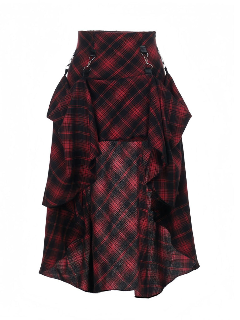 Rot 1980er Schottisch Plaid Hoch-Tief Saum Rock